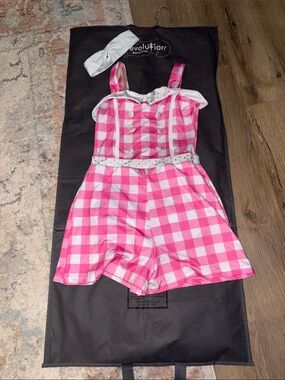 Pink Gingham Girls Romper with Headband